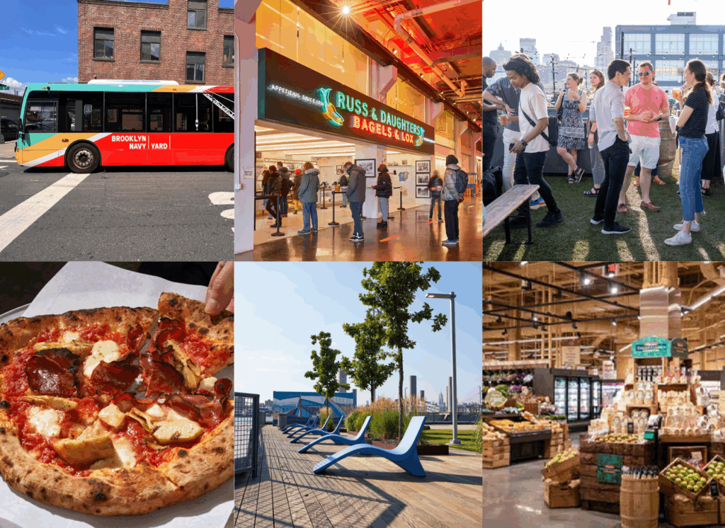 Amenities offered at the Brooklyn Navy Yard, including a free shuttle, the Market @77 food hall, tenant events, and more